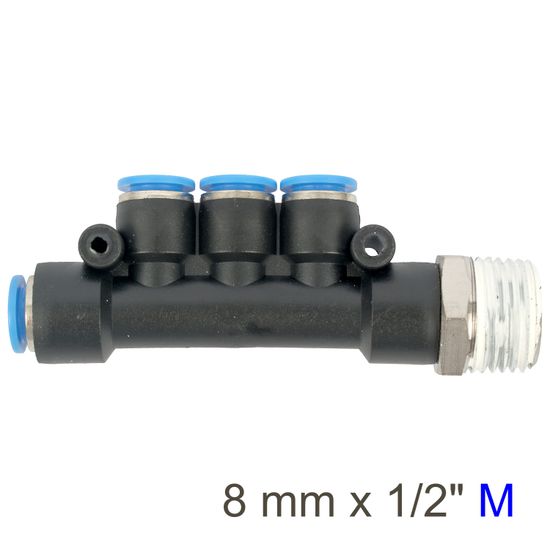 Pu Hose Fitting Manifold 4 X 8mm Port X 1/2"m
